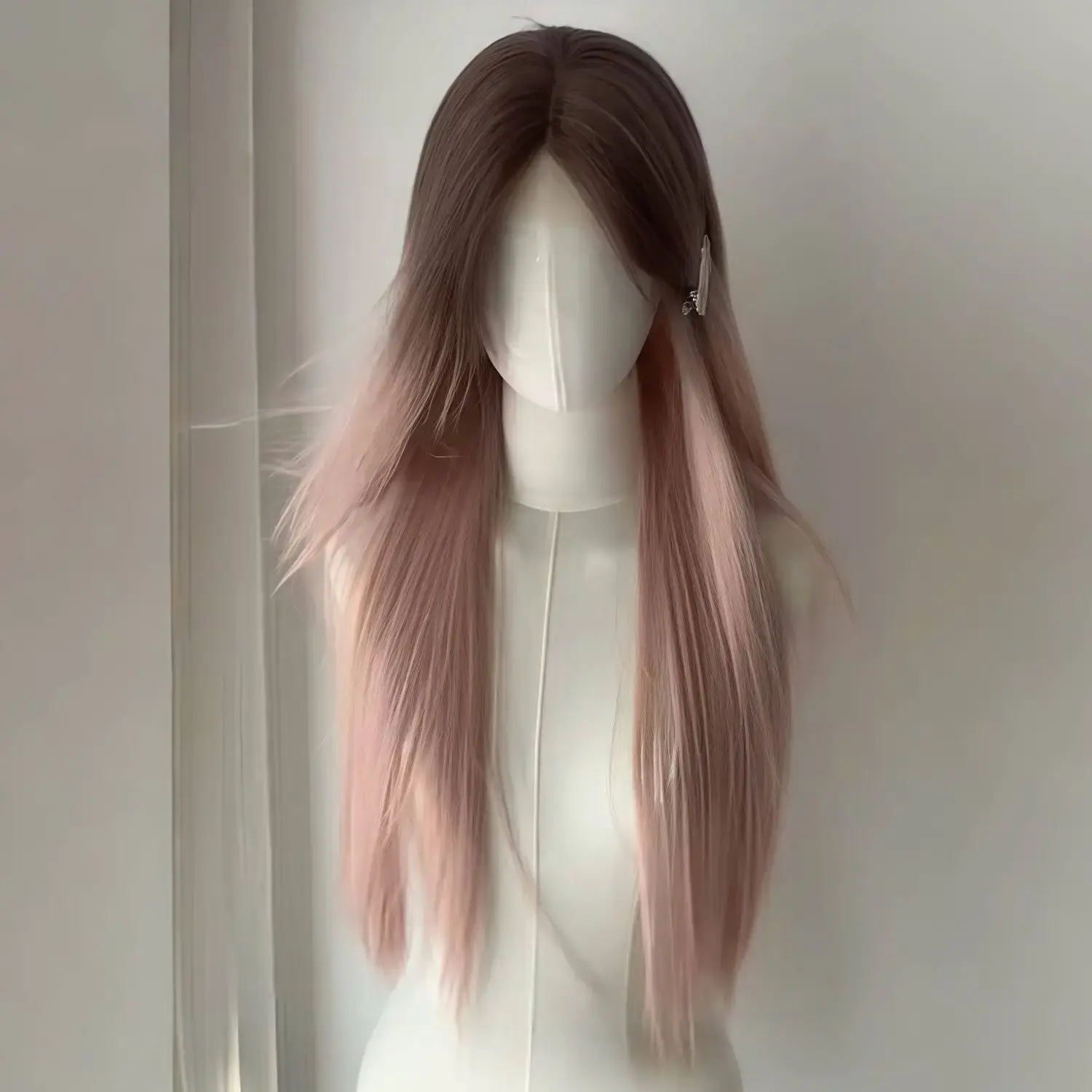 Gradual Pink Brown Long Straight Hair Wig Women's New Style Natural Simulation Full Head Cover Middle Part Fibre Hair Extension