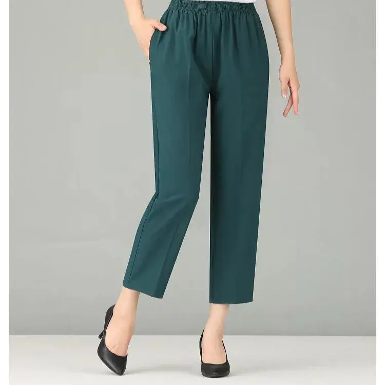 Slimming High-Waisted Straight-Leg Cropped Pants Casual Style For Middle-Aged And Elderly Women Summer Ice Silk Pants Plus Size