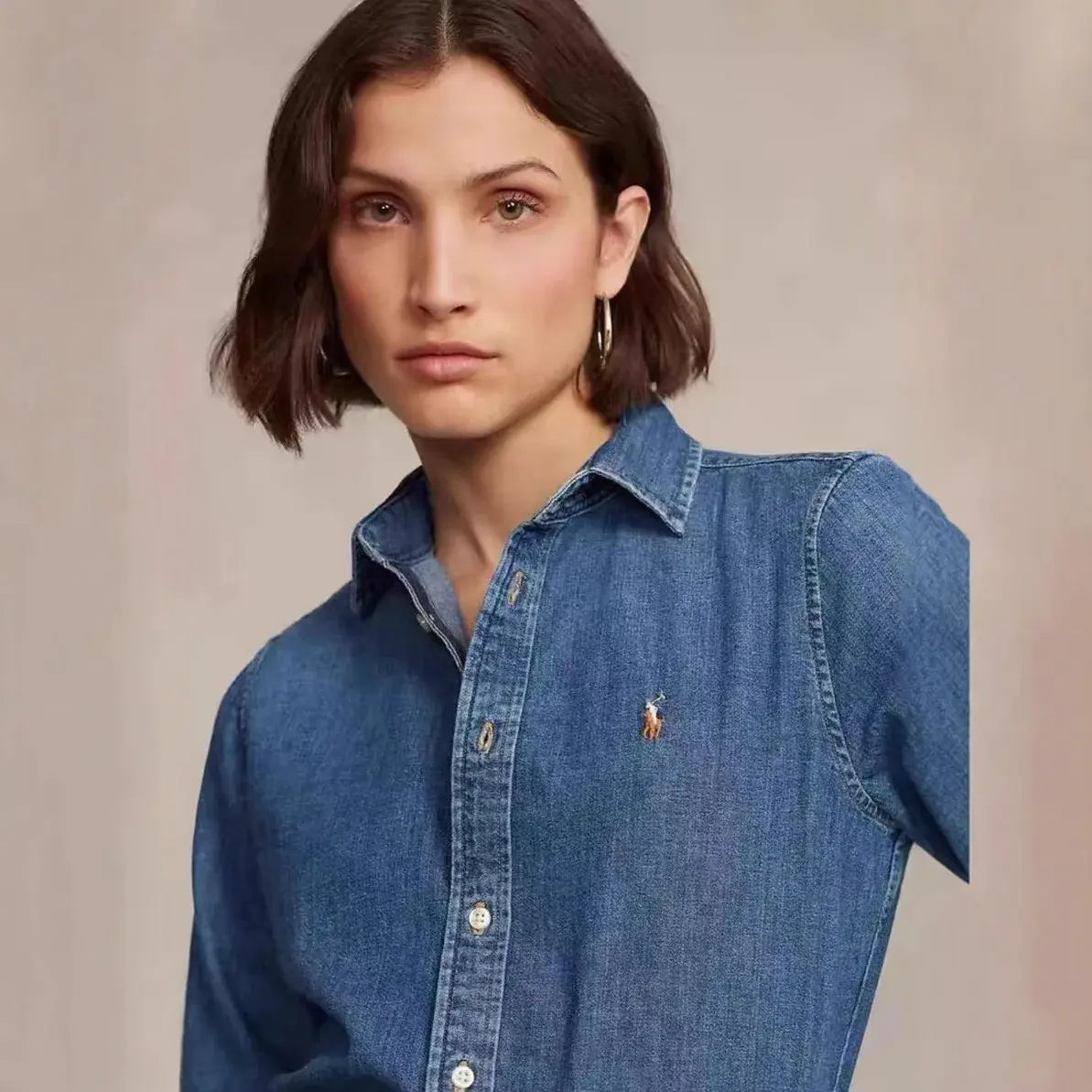 Classic Embroidered RL Rancher Casual Denim Shirt Fashionable Leisure Cotton Button-Up Women's Shirt from Mainland China