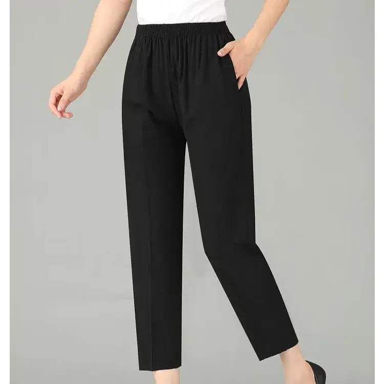 Slimming High-Waisted Straight-Leg Cropped Pants Casual Style For Middle-Aged And Elderly Women Summer Ice Silk Pants Plus Size
