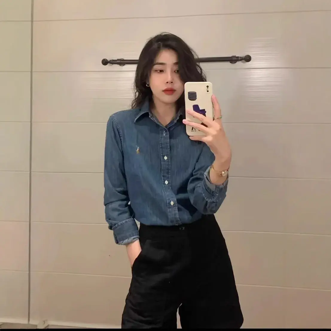 Classic Embroidered RL Rancher Casual Denim Shirt Fashionable Leisure Cotton Button-Up Women's Shirt from Mainland China