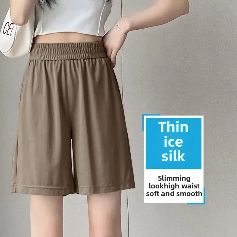 High Waist Loose Wide Leg Ice Silk Women's Shorts Mid-Year Mom Pants Summer Style Five-Quarter Length Comfortable Fit Shorts