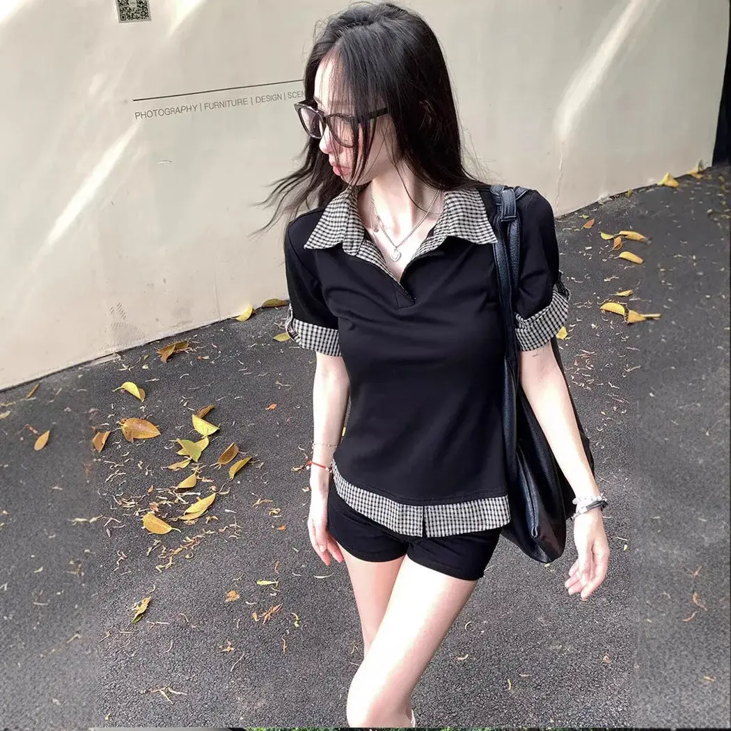 Slim Fit Polo Neck Plaid Short Sleeve T-Shirt Women's Summer Color Block Fake Two-Piece Trendy Top Sweet And Spicy Shirt