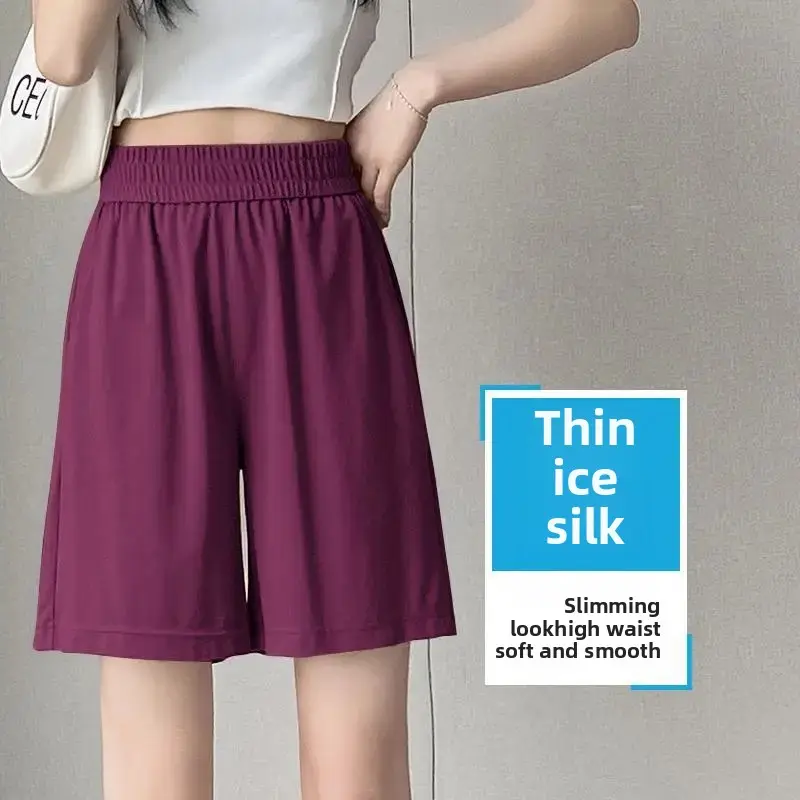 High Waist Loose Wide Leg Ice Silk Women's Shorts Mid-Year Mom Pants Summer Style Five-Quarter Length Comfortable Fit Shorts