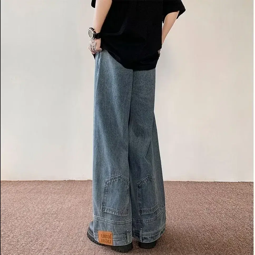 American Style High Street Upside Down Design Sensibility Jeans European Hip Hop Streetwear Men's Fit Straight Leg Pants