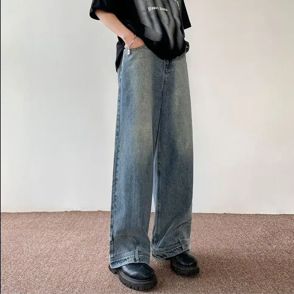 American Style High Street Upside Down Design Sensibility Jeans European Hip Hop Streetwear Men's Fit Straight Leg Pants