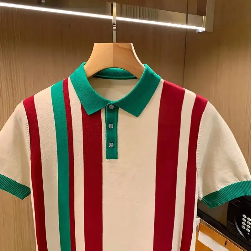 British Luxury Men's Fashion Slim Fit Knit Polo Shirt Casual Style Vertical Stripe Color Block Short Sleeves Sweater