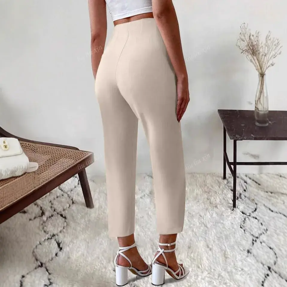 New Style Light Beige High Waist Slim Wide Leg Casual Nine Points Pants Suit Pants Comfortable High Waist Trousers