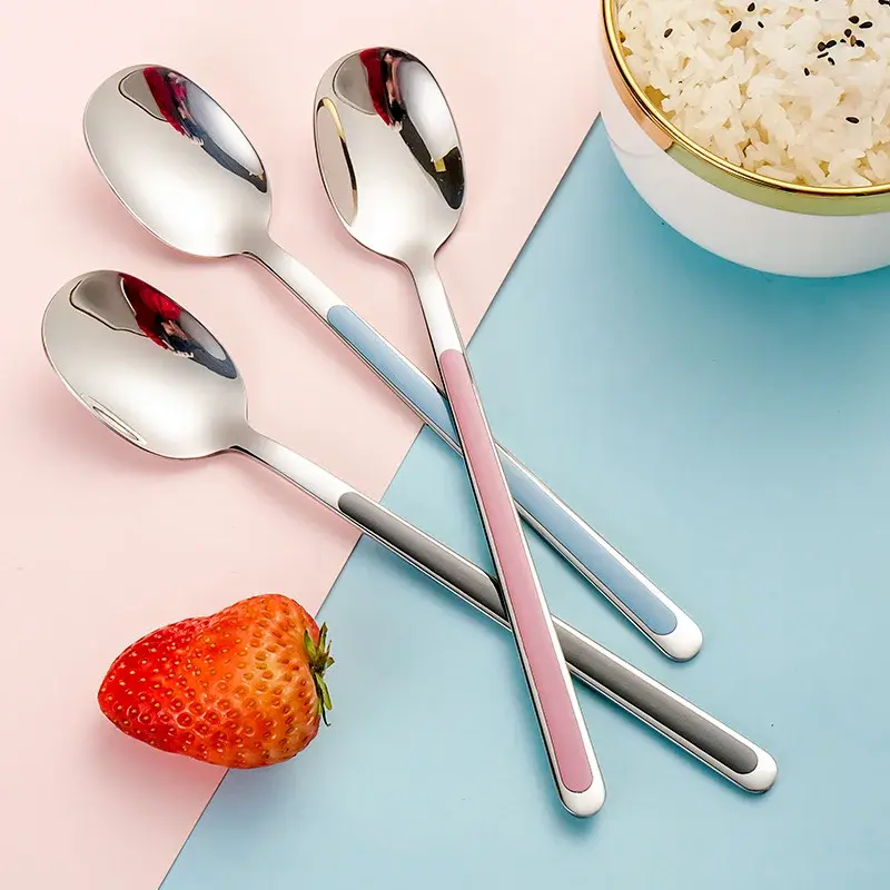 Korean Style 304 Stainless Steel Creative Precision Dining Utensils Home Use Extended Handle Soup Spoon Mixing Spoon Gourd Spoon