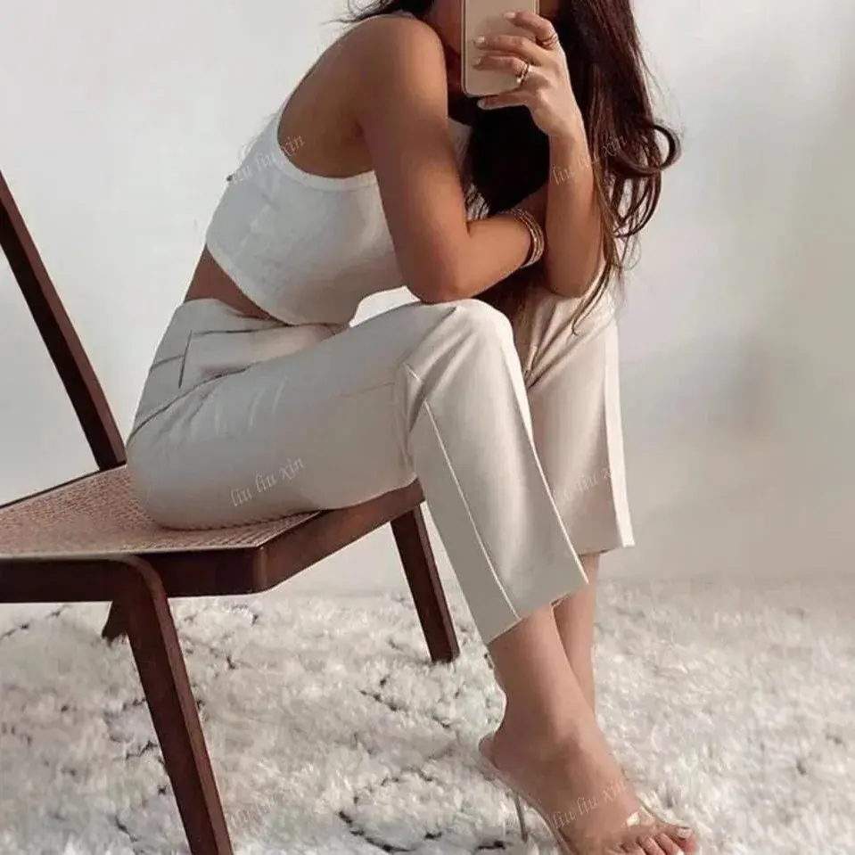New Style Light Beige High Waist Slim Wide Leg Casual Nine Points Pants Suit Pants Comfortable High Waist Trousers