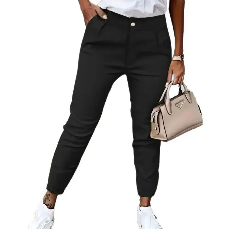 Spring Summer New Style Casual Loose Fit Solid Color Pocket Trousers High Waist Commuter Pants Women's Fashion Long Trousers