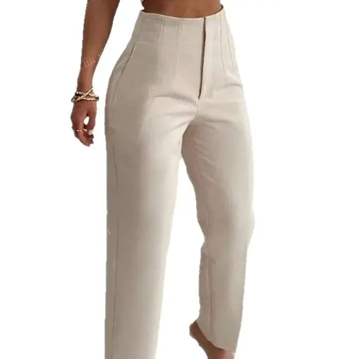 New Style Light Beige High Waist Slim Wide Leg Casual Nine Points Pants Suit Pants Comfortable High Waist Trousers