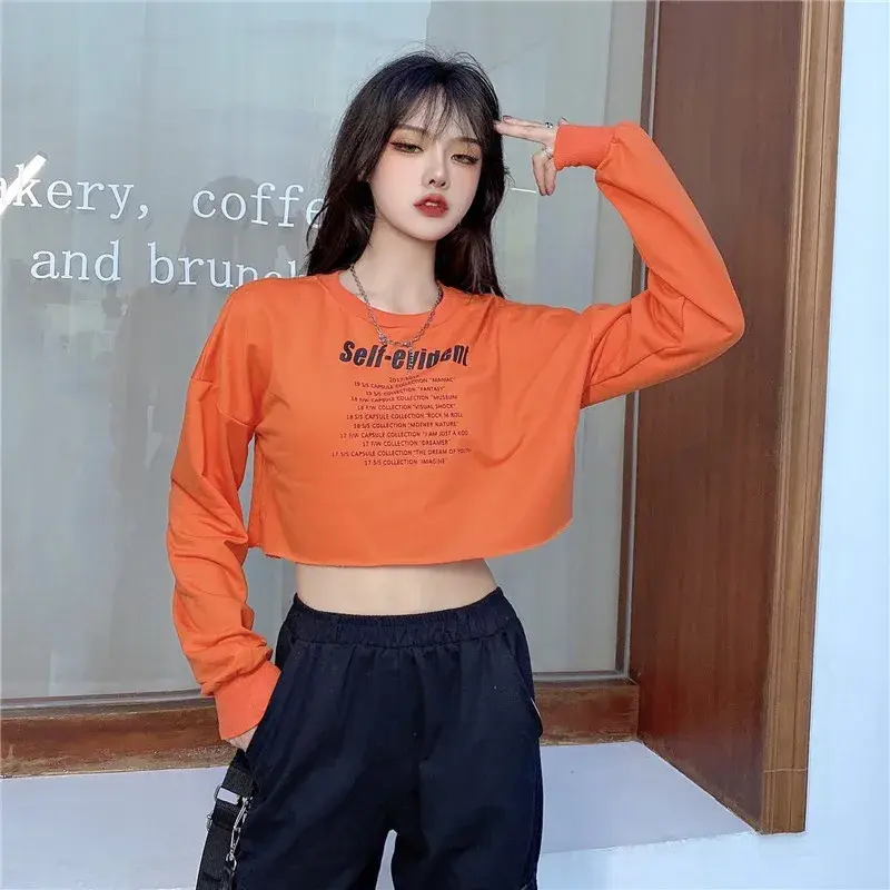 Spicy Short High Waist Women's Sweatshirt Early Autumn New Style Loose Versatile Belly Baring Small Audience Top Design Sense