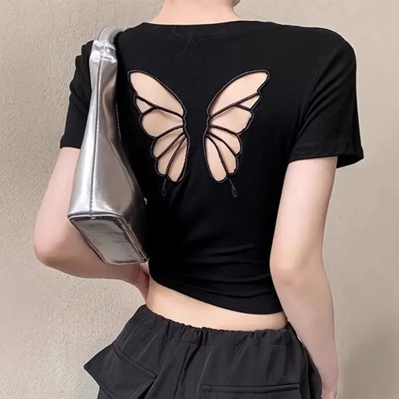 Sweet And Spicy Hollow Butterfly Short Sleeve T-Shirt Women's Sexy Slimming Crop Top Belly Button Baring Summer Outfit