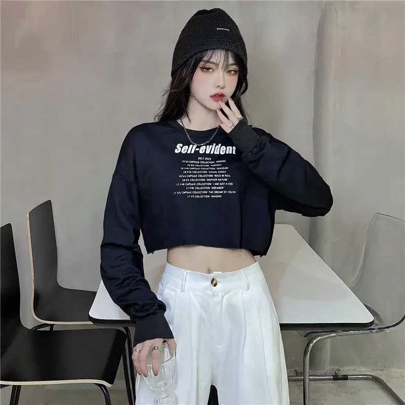 Spicy Short High Waist Women's Sweatshirt Early Autumn New Style Loose Versatile Belly Baring Small Audience Top Design Sense
