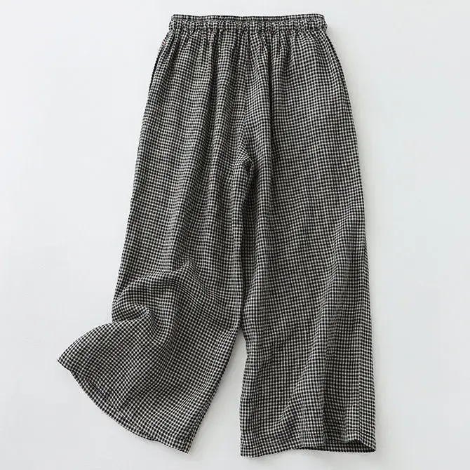 Loose Cotton Linen Plaid Wide Leg Pants Women Casual Straight Nine Points Trousers Comfortable Fit Versatile Style from China