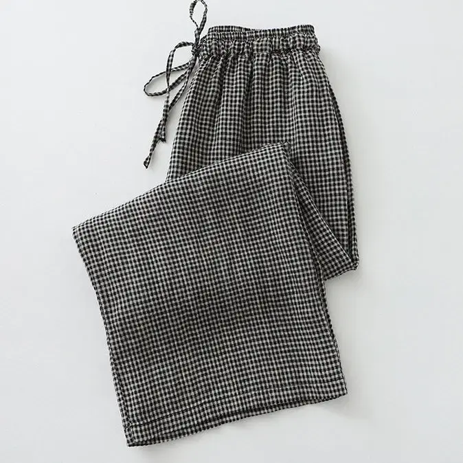 Loose Cotton Linen Plaid Wide Leg Pants Women Casual Straight Nine Points Trousers Comfortable Fit Versatile Style from China