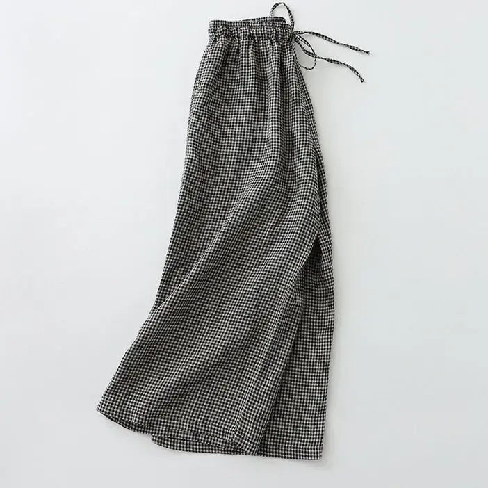 Loose Cotton Linen Plaid Wide Leg Pants Women Casual Straight Nine Points Trousers Comfortable Fit Versatile Style from China