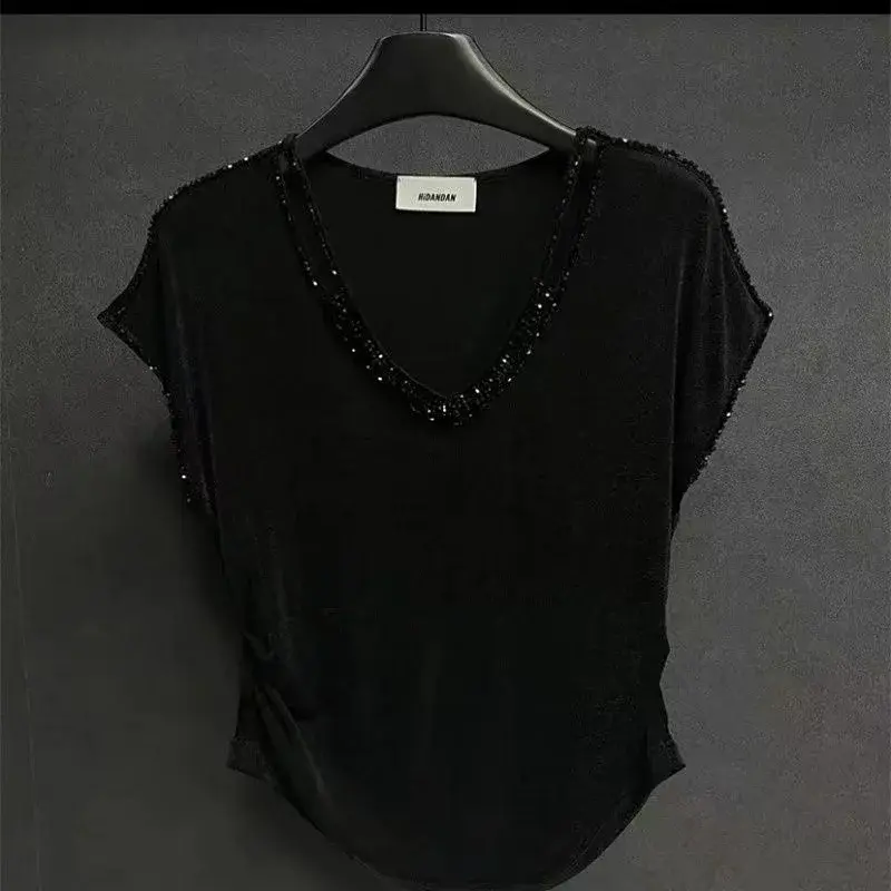 Summer Stylish Slimming T-Shirt Sexy V-Neck Wrinkled Slim Fit Versatile Niche Unique Desire Aesthetic Hot Women's Top