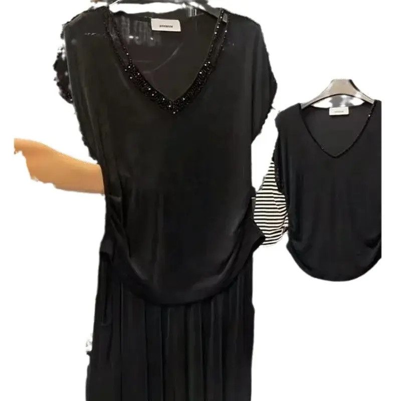 Summer Stylish Slimming T-Shirt Sexy V-Neck Wrinkled Slim Fit Versatile Niche Unique Desire Aesthetic Hot Women's Top