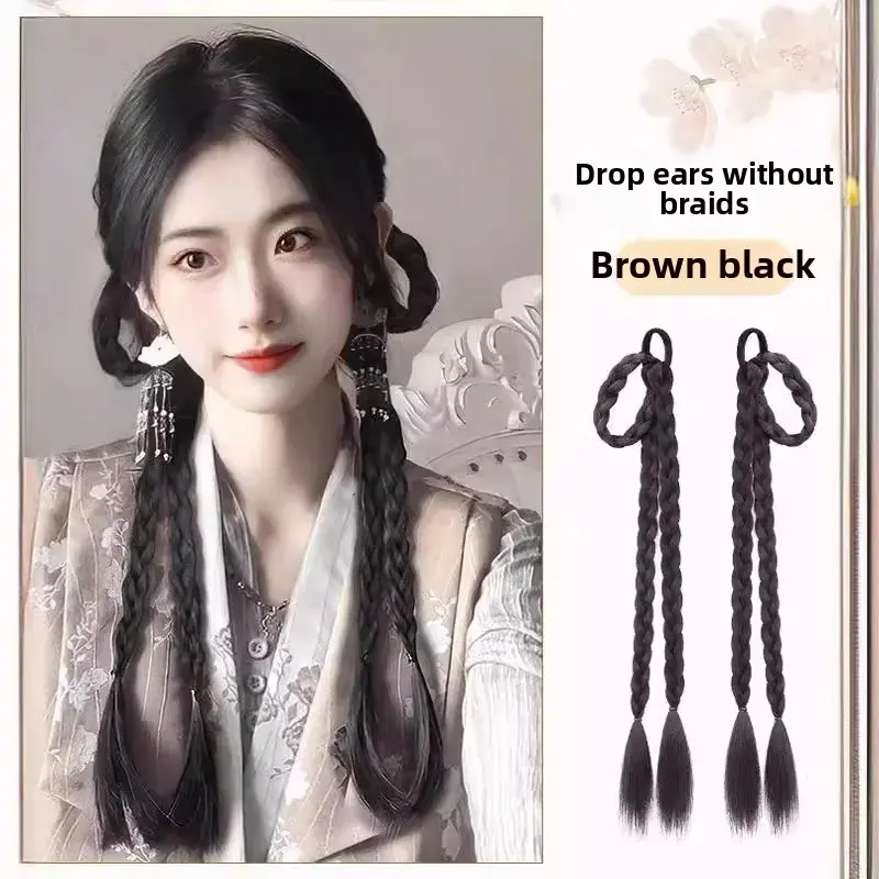 Women's Fake Hair Double Tail Braid Ancient Chinese Style Simulated Sweet Cool Twisted Long Braided Ponytail Ear Drop Rabbit