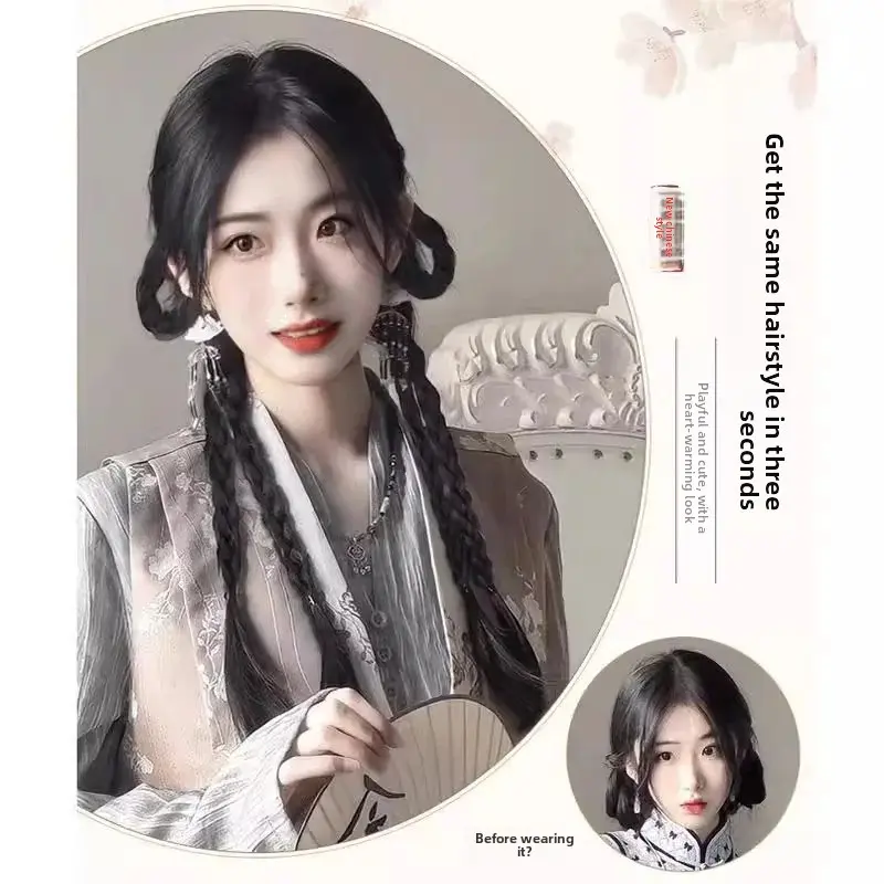 Women's Fake Hair Double Tail Braid Ancient Chinese Style Simulated Sweet Cool Twisted Long Braided Ponytail Ear Drop Rabbit