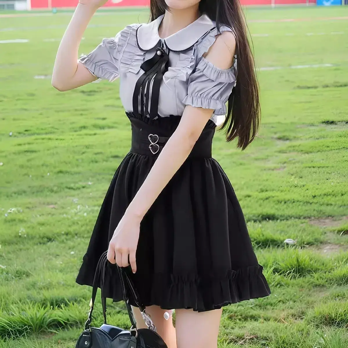 Cute Sweet Doll Collar Shoulder Bared Short Sleeve Shirt Top Waist Inward Half-length Skirt Women Two-piece Set Summer