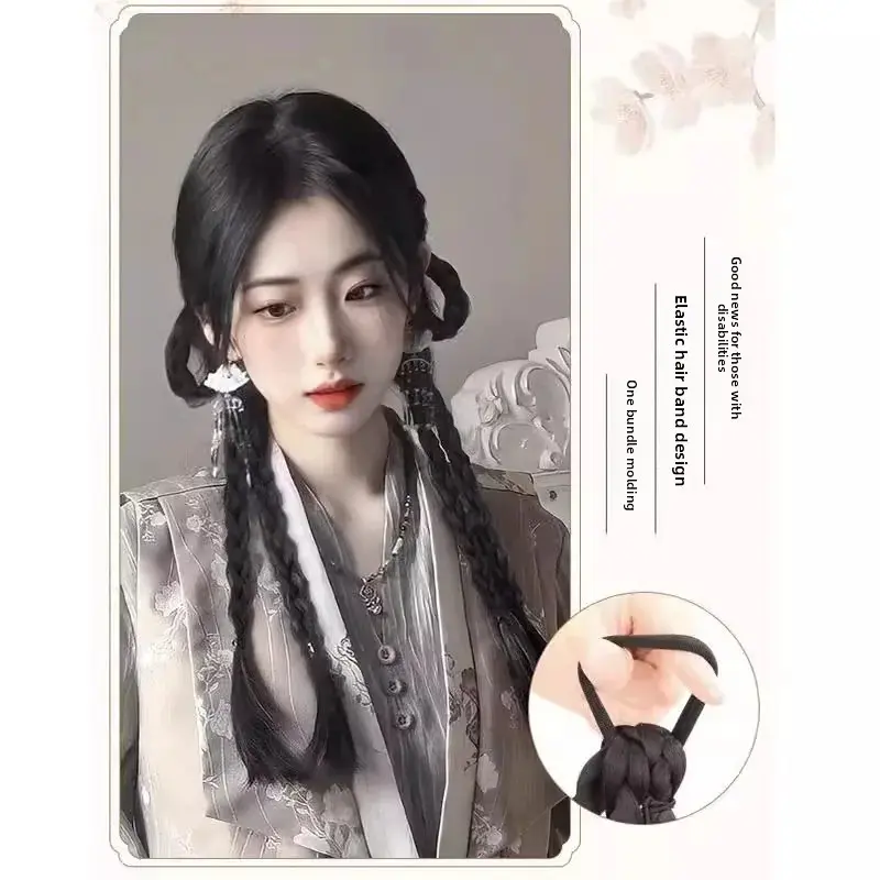 Women's Fake Hair Double Tail Braid Ancient Chinese Style Simulated Sweet Cool Twisted Long Braided Ponytail Ear Drop Rabbit