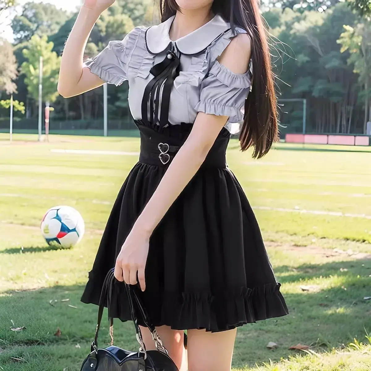 Cute Sweet Doll Collar Shoulder Bared Short Sleeve Shirt Top Waist Inward Half-length Skirt Women Two-piece Set Summer