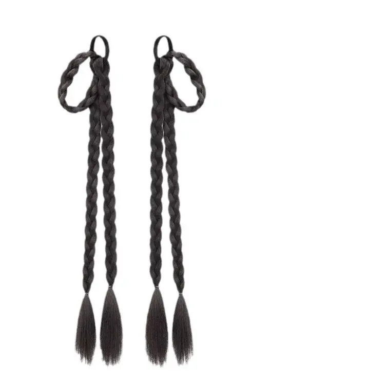 Women's Fake Hair Double Tail Braid Ancient Chinese Style Simulated Sweet Cool Twisted Long Braided Ponytail Ear Drop Rabbit