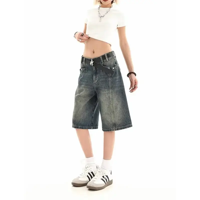 Retro High Waist Loose Fit Slimming Straight Leg Denim Shorts Women's Summer New Style Wide Leg Five-Quarter Pants Female Clothi