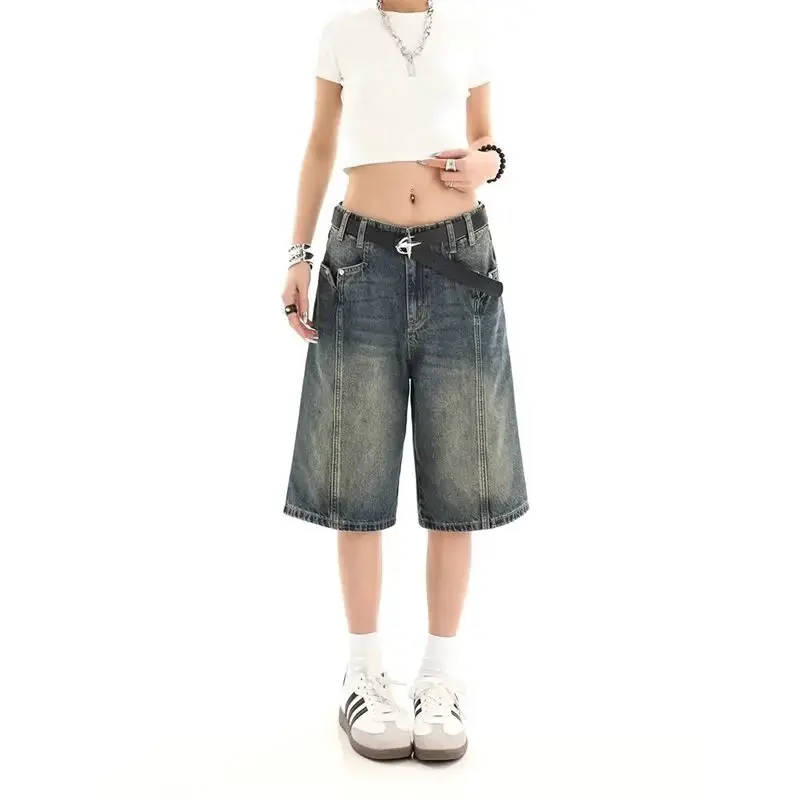Retro High Waist Loose Fit Slimming Straight Leg Denim Shorts Women's Summer New Style Wide Leg Five-Quarter Pants Female Clothi