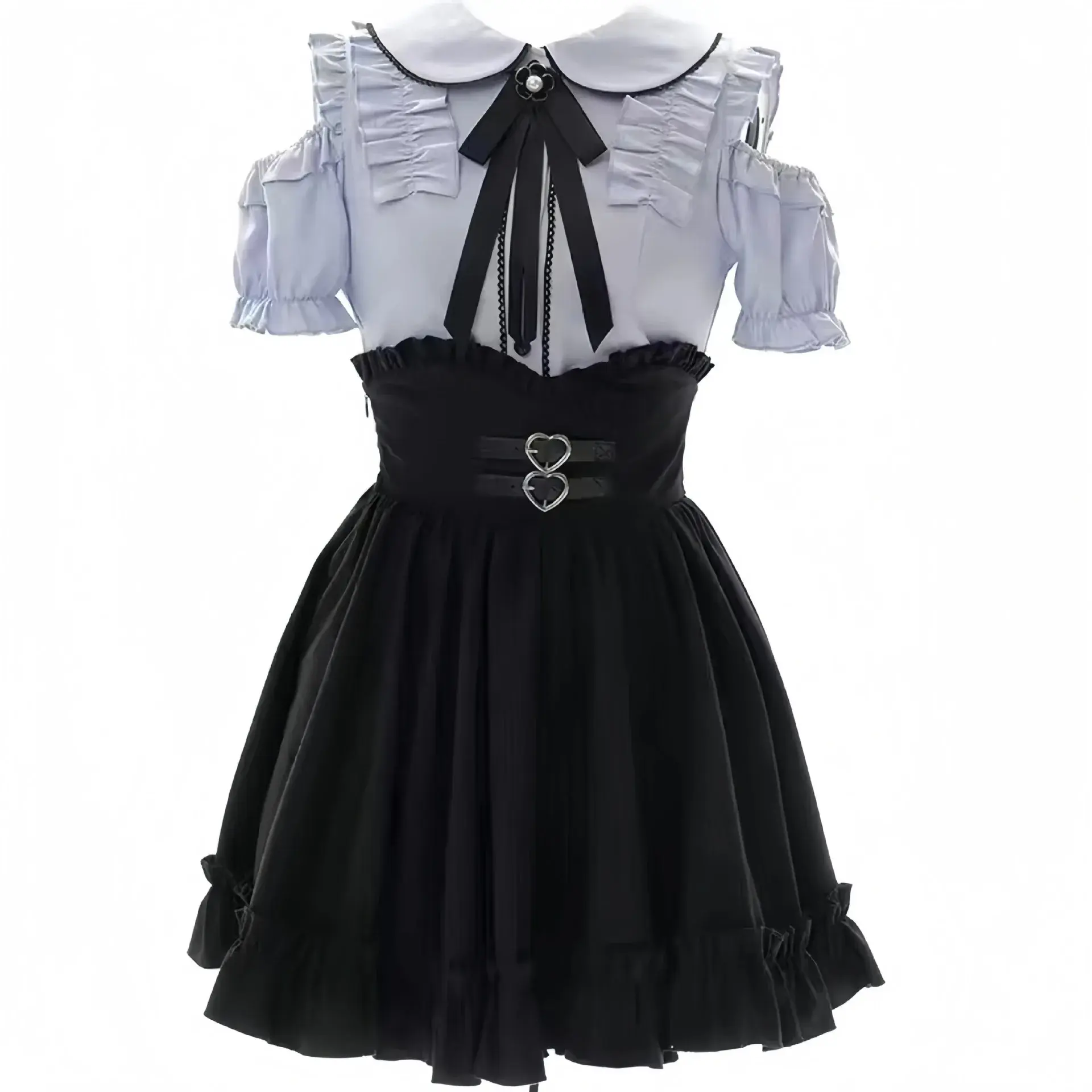Cute Sweet Doll Collar Shoulder Bared Short Sleeve Shirt Top Waist Inward Half-length Skirt Women Two-piece Set Summer