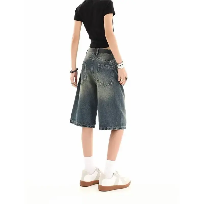 Retro High Waist Loose Fit Slimming Straight Leg Denim Shorts Women's Summer New Style Wide Leg Five-Quarter Pants Female Clothi