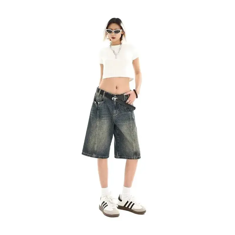 Retro High Waist Loose Fit Slimming Straight Leg Denim Shorts Women's Summer New Style Wide Leg Five-Quarter Pants Female Clothi
