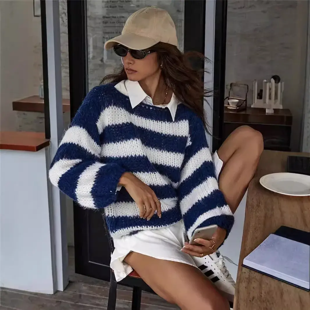 Versatile Blue And White Striped Knit Sweater Women's Loose Fit Crew Neck Casual Chic Style Cross-Border European And American A