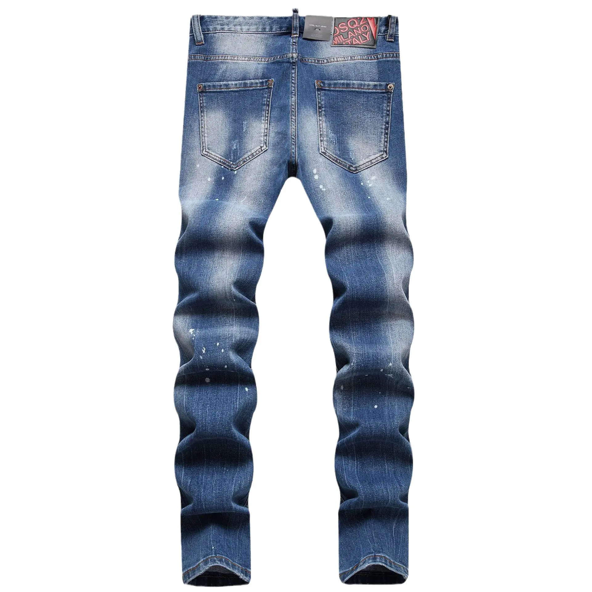 Street Style DsqTrendy Embroidered Jeans Men's Simple Versatile Straight-Leg Trousers Split-Resistant Stretchable Denim Material