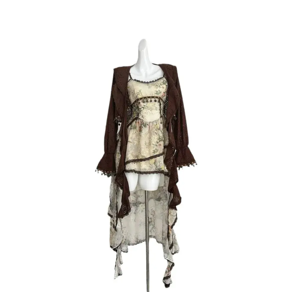 Elegant Women's Tank Dress+Cardigan Set Bohemian Style Irregular Cut Loose Fit Fashionable Pullover Vest Top Strapless Rose