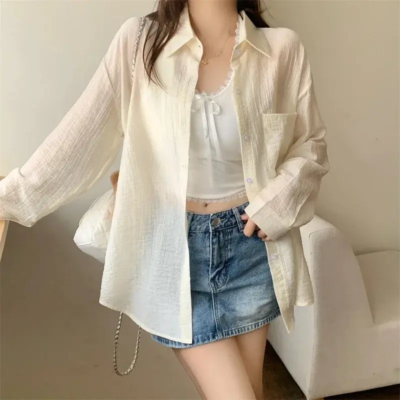 Summer 2025 Women's Casual Thin Sun Protection Shirt Tencel Wrinkle Fashionable Open Cardigan Top Air Conditioned Pullover