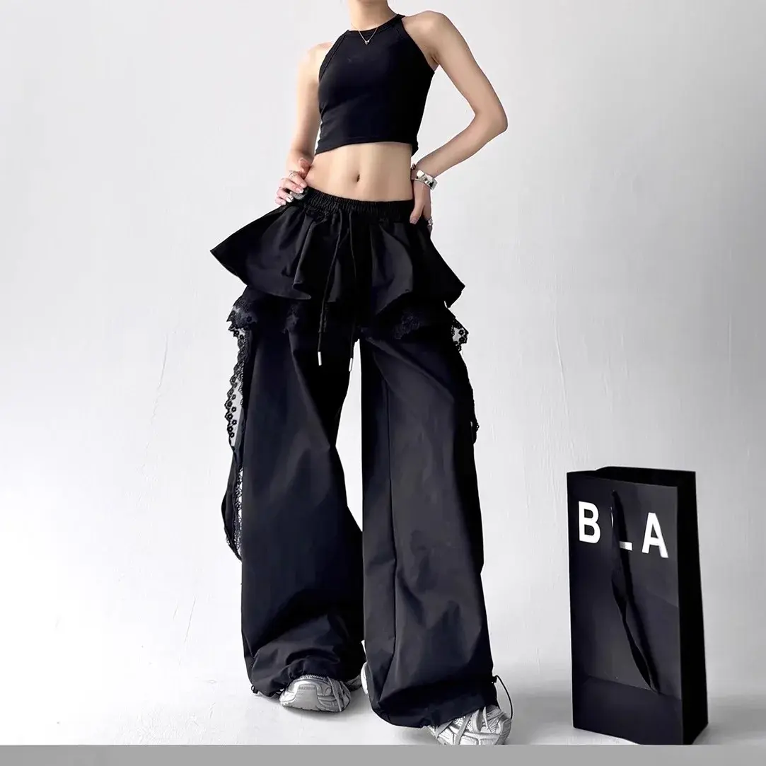 Sweet And Cool Lace Splice Loose Wide Leg Pants Casual Workwear Women's Design Sensation Casual Trousers Floor-Length Skirts