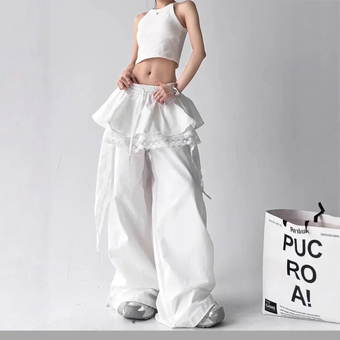 Sweet And Cool Lace Splice Loose Wide Leg Pants Casual Workwear Women's Design Sensation Casual Trousers Floor-Length Skirts
