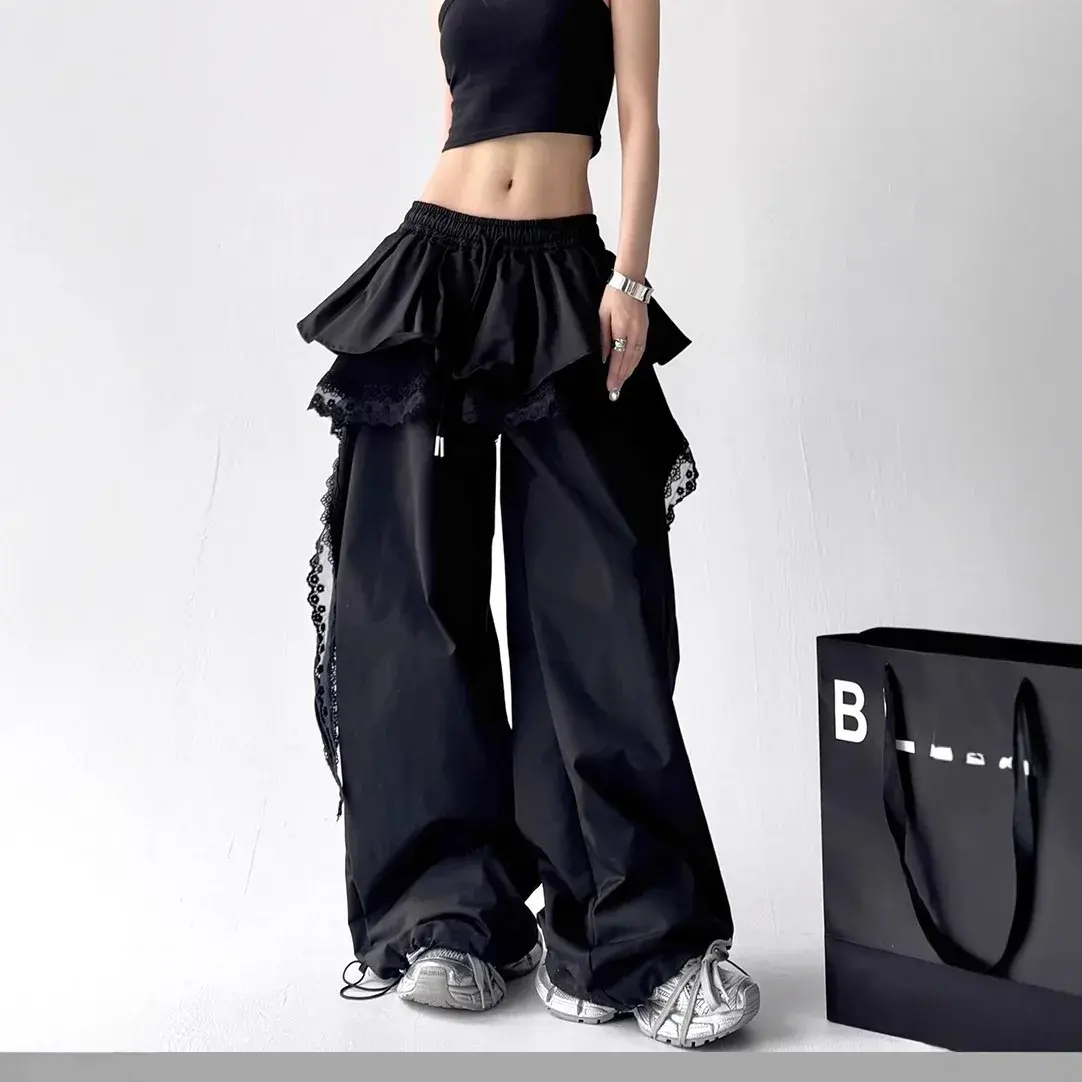 Sweet And Cool Lace Splice Loose Wide Leg Pants Casual Workwear Women's Design Sensation Casual Trousers Floor-Length Skirts