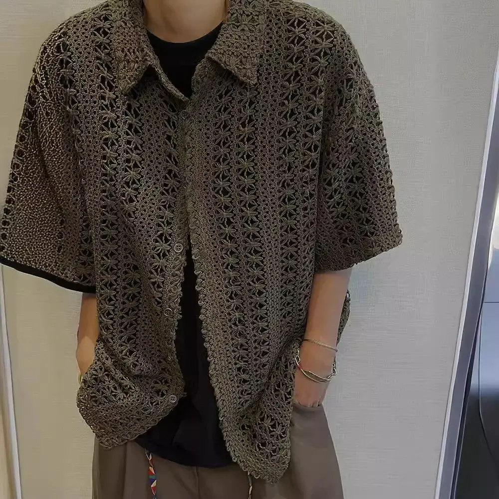 Summer American Style Vintage Distressed Versatile Military Green Knit Hollow Breathable Loose-fit Casual Short Sleeve Shirt Men