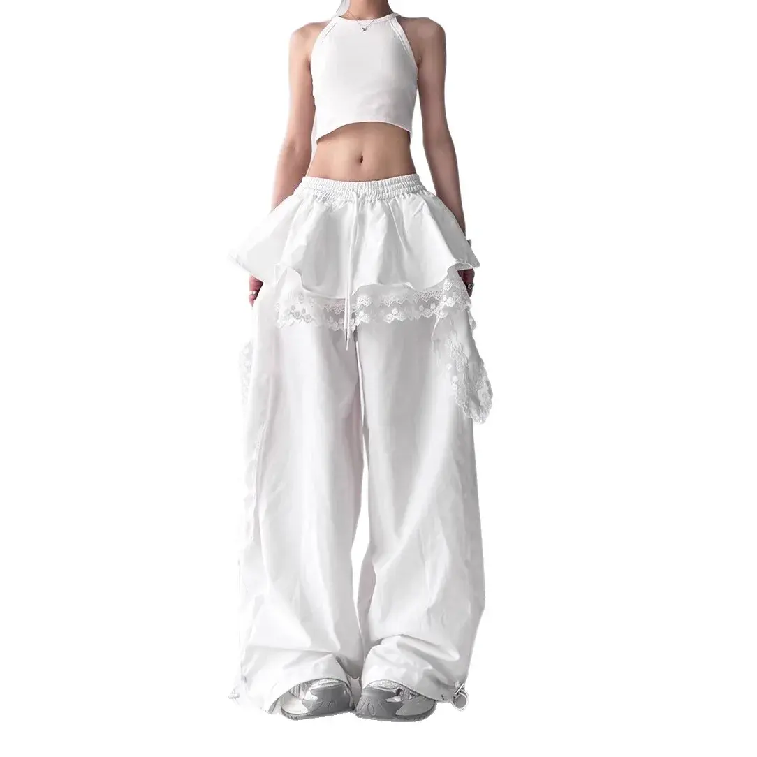 Sweet And Cool Lace Splice Loose Wide Leg Pants Casual Workwear Women's Design Sensation Casual Trousers Floor-Length Skirts