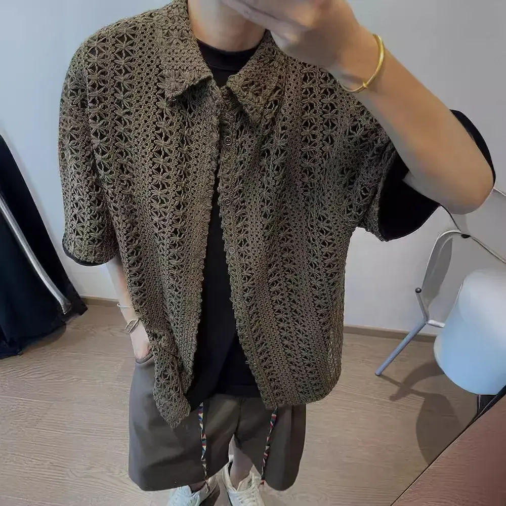 Summer American Style Vintage Distressed Versatile Military Green Knit Hollow Breathable Loose-fit Casual Short Sleeve Shirt Men