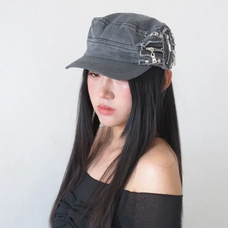 Washed Cotton Flat Top Hat Women's Ins Fashionable Zipper Side Watered Horse Riding Cap Heavy Duty Quality Post Apocalyptic Styl