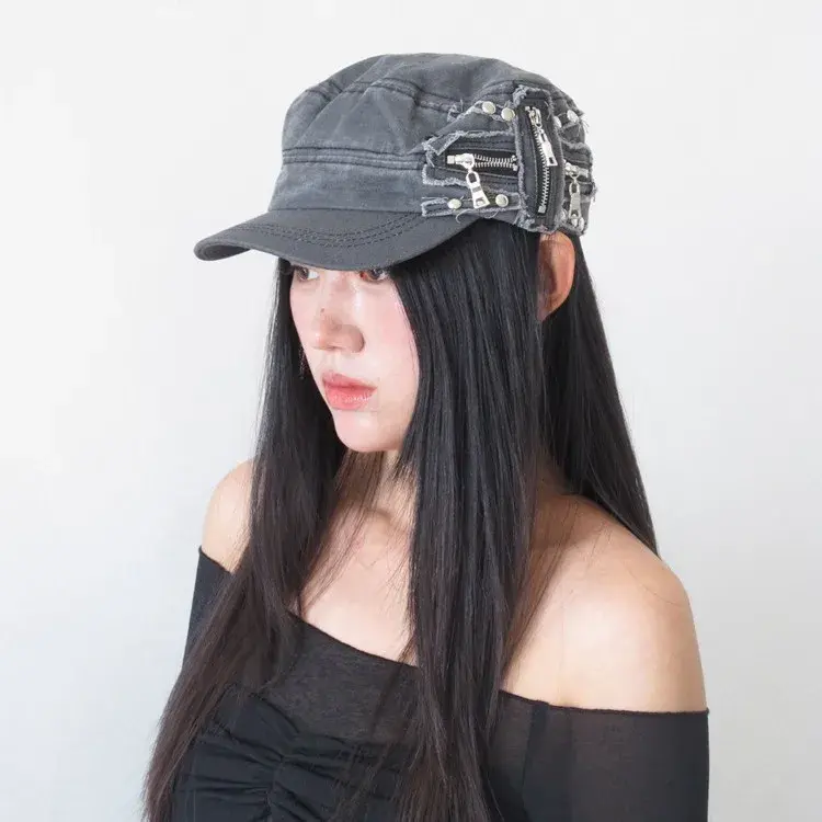 Washed Cotton Flat Top Hat Women's Ins Fashionable Zipper Side Watered Horse Riding Cap Heavy Duty Quality Post Apocalyptic Styl