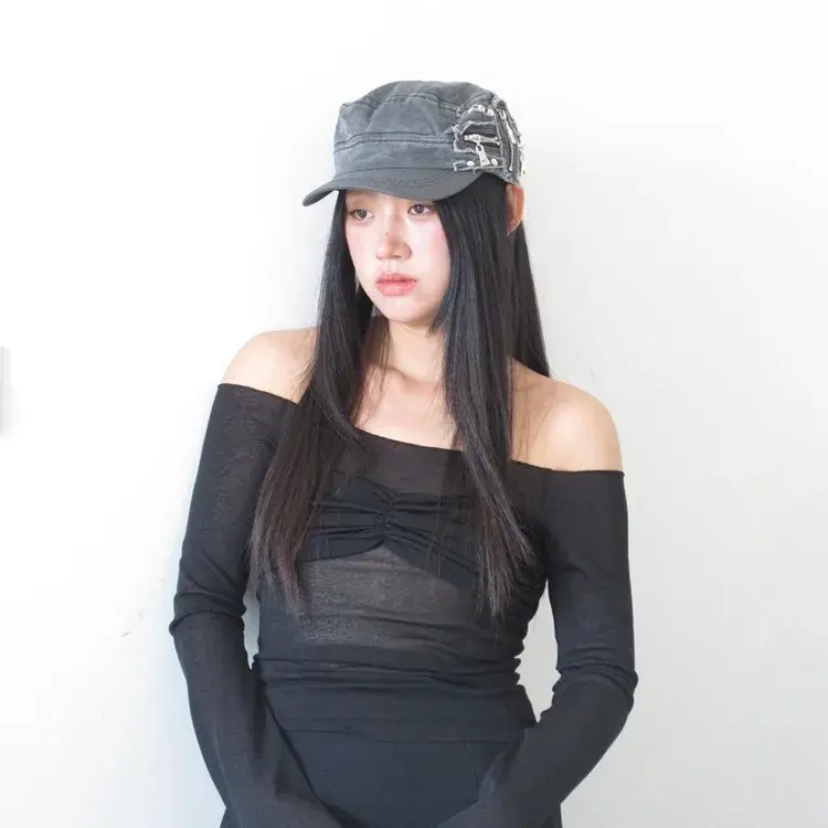 Washed Cotton Flat Top Hat Women's Ins Fashionable Zipper Side Watered Horse Riding Cap Heavy Duty Quality Post Apocalyptic Styl
