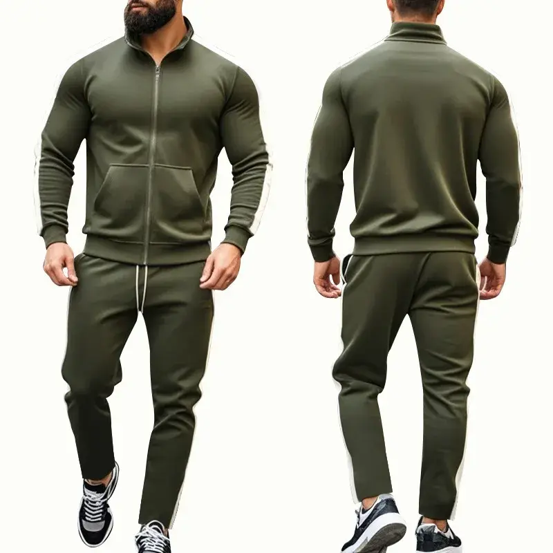 2025 Spring Autumn Men's 2-Piece Set Color Blocking Zipper Stand Collar Casual Sports Jacket Sweatshirt Trousers Suit