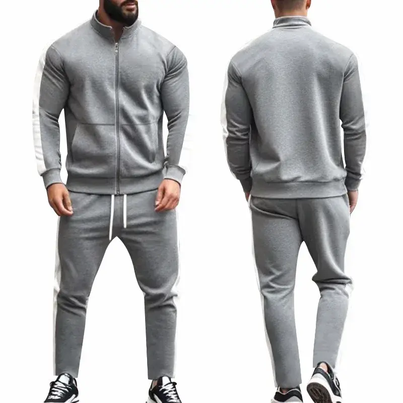 2025 Spring Autumn Men's 2-Piece Set Color Blocking Zipper Stand Collar Casual Sports Jacket Sweatshirt Trousers Suit